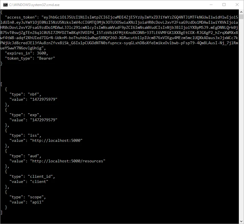 Windows console showing claims for a bearer token