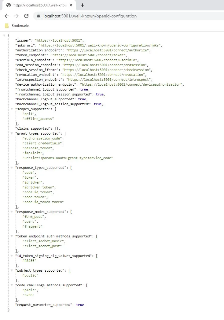 Browser showing discovery endpoint JSON