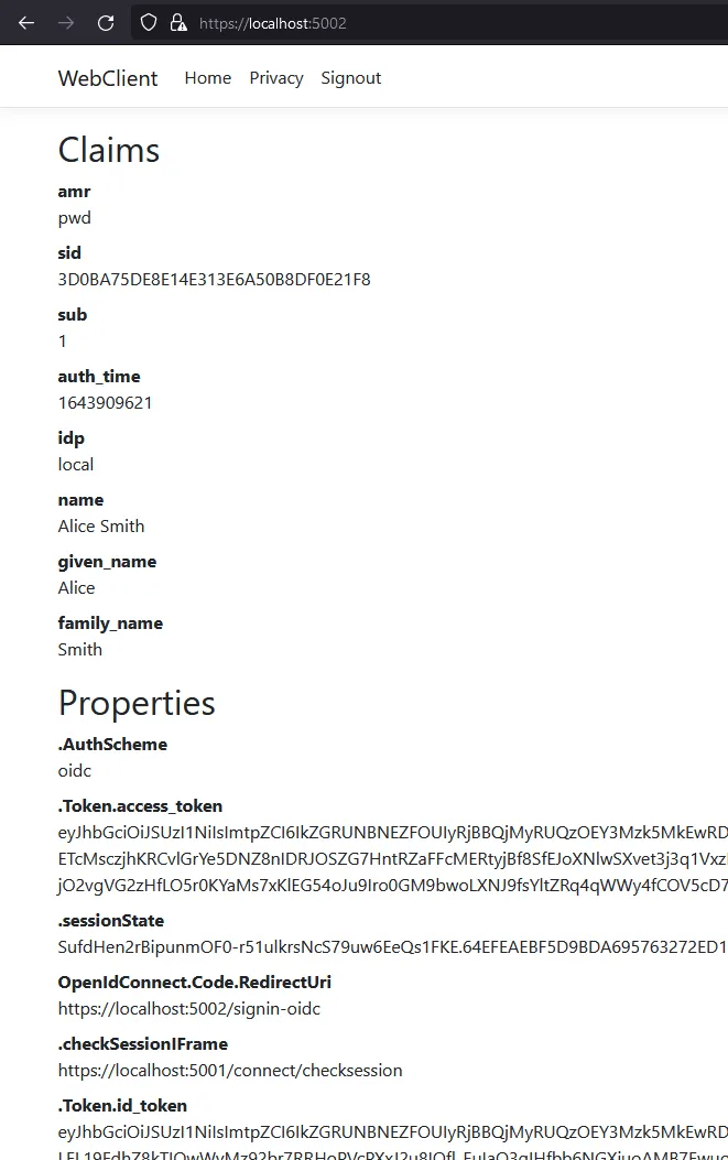ASP.NET Core page showing additional claims