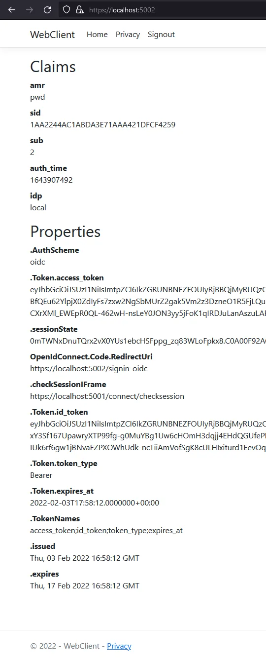 ASP.NET Core application showing ClaimsPrincipal's claims