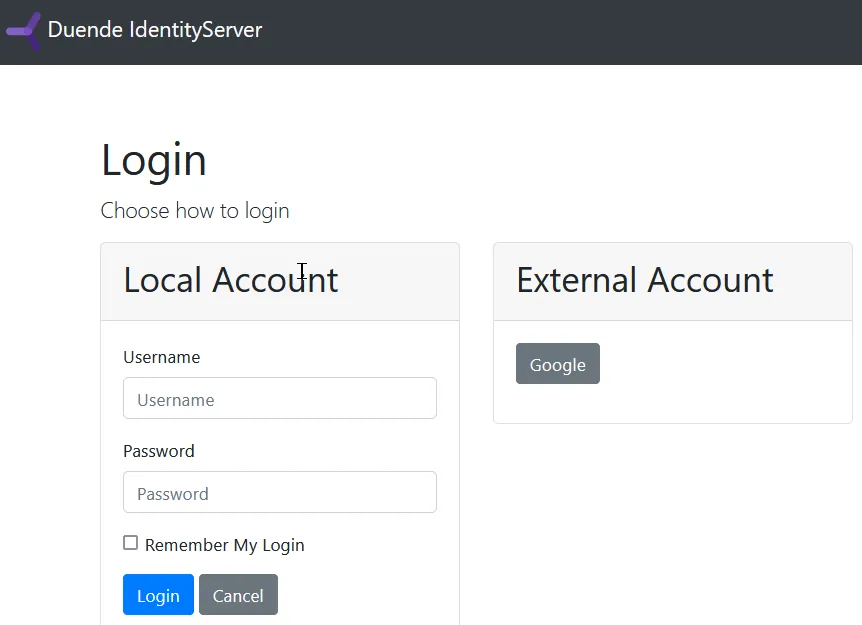 IdentityServer login page showing Google as an external login option