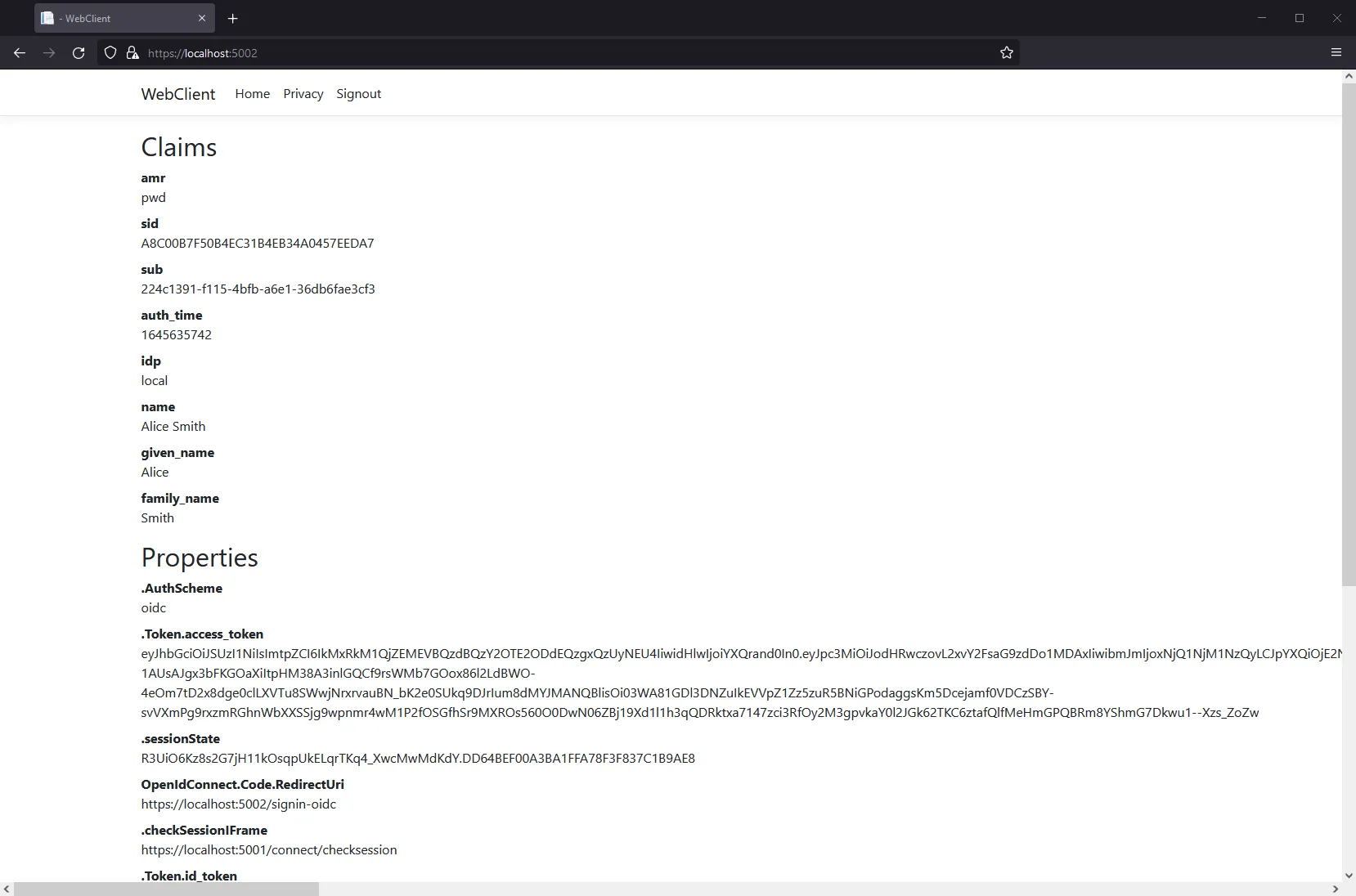 ASP.NET Core application showing properties and claims on a ClaimsPrincipal
