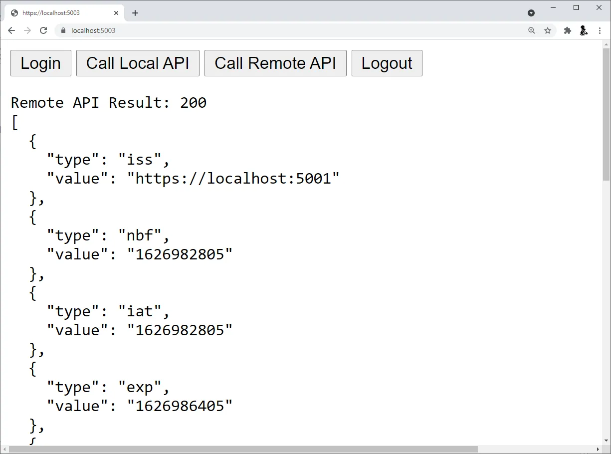 showing a successful JavaScript call to a remote api hosted in BFF