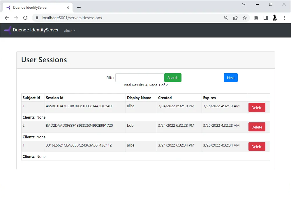 A table showing the active user sessions in IdentityServer